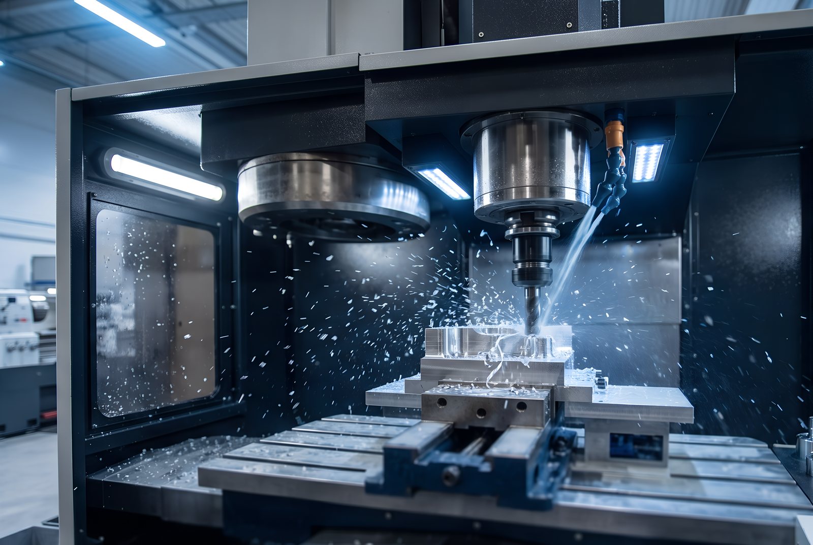 CNC machine cutting a metal part with coolant spraying